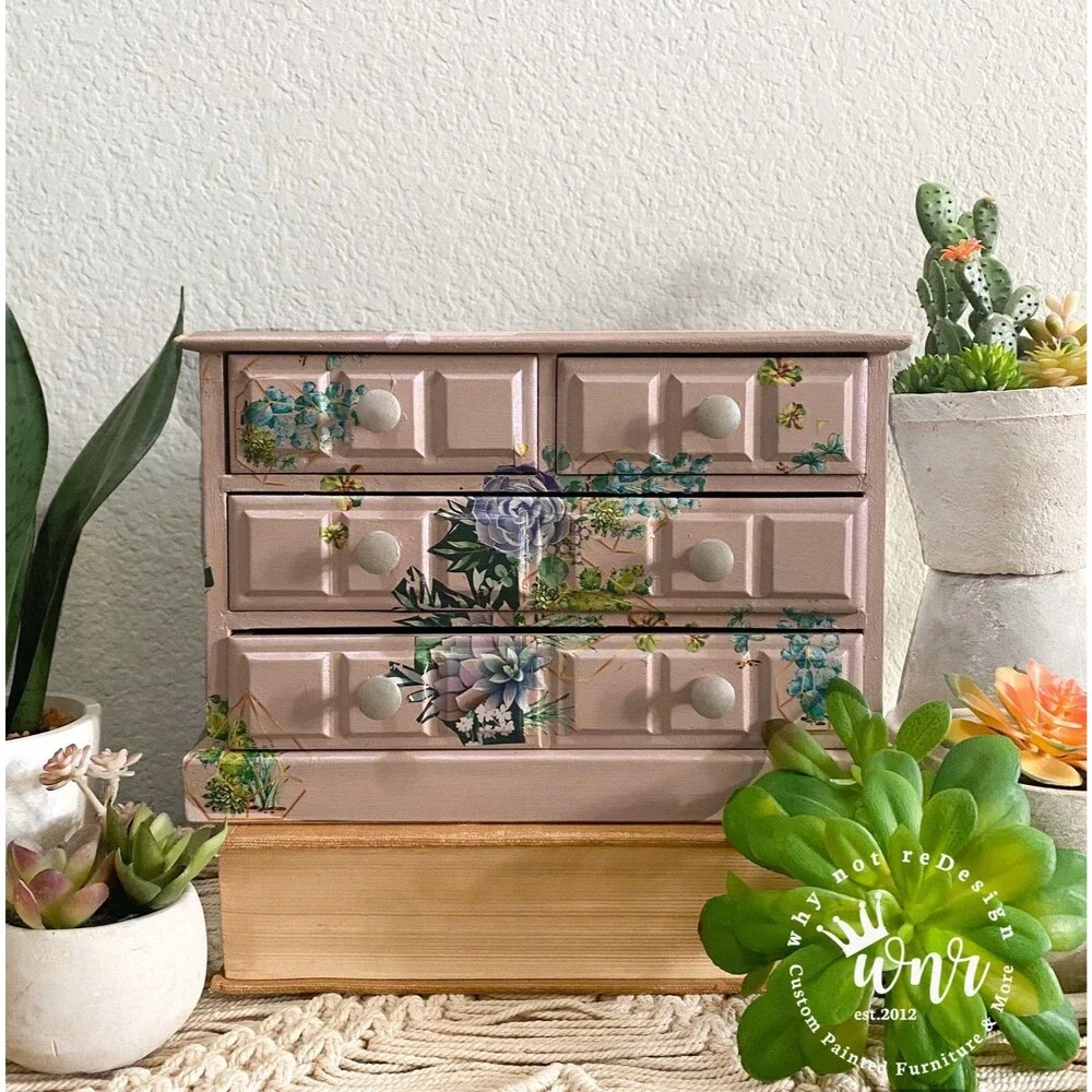 Vintage Wood Jewelry Box Hand Painted Decoupage Floral 4 Drawer Chest Organizer